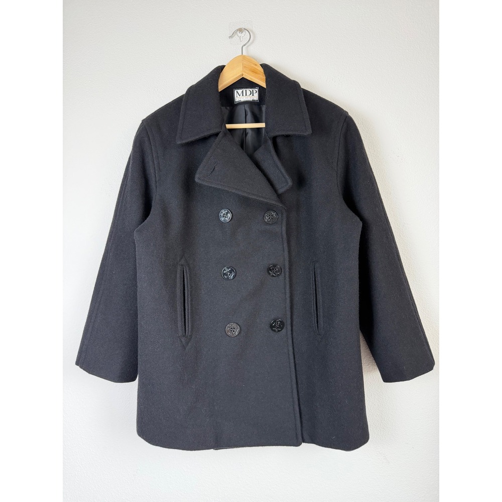 VTG Mario De Pinto Women Wool Blend Pea Coat Large Black Anchor Button USA Made